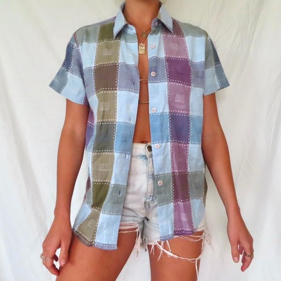 Purple Patchwork Embroidered Cotton Top For Summer Chic Boho Style With Side Pockets main image 1